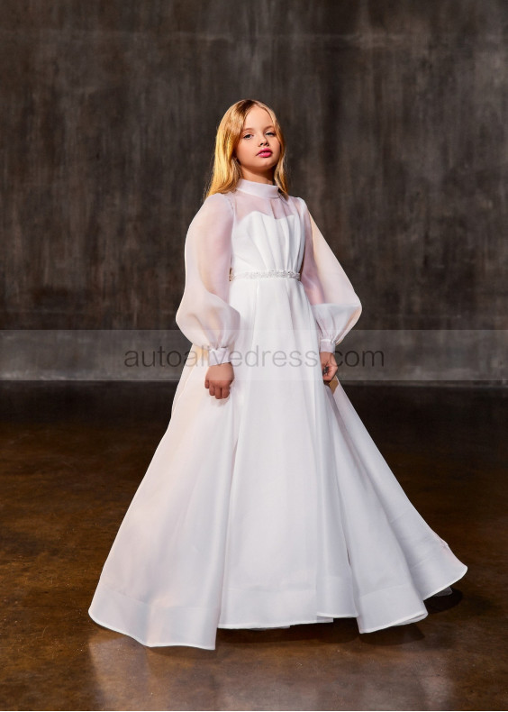 White Organza Pearl Buttons Back Flower Girl Dress